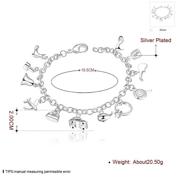 

aircraft lobster clasp 925 silver plate charm bracelet 8inchs emb426,women's plated sterling silver plated jewelry bracelet, Black