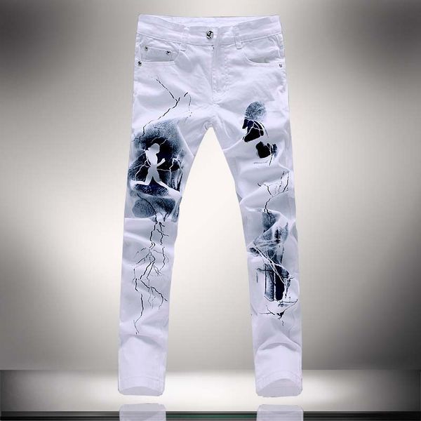 Whole-2016 Blanco 3D Impreso Hombres Jeans Homme Hombre Único Impresión Jeans Algodón Tamaño Grande 40 38 Jeans Flacos Para Hombres Denim Pants288e