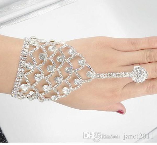 

gorgeous wedding pearl rhinestone bracelets with finger rings bridal hand harness bangle slave chain bracelets with finger ring, Golden;silver