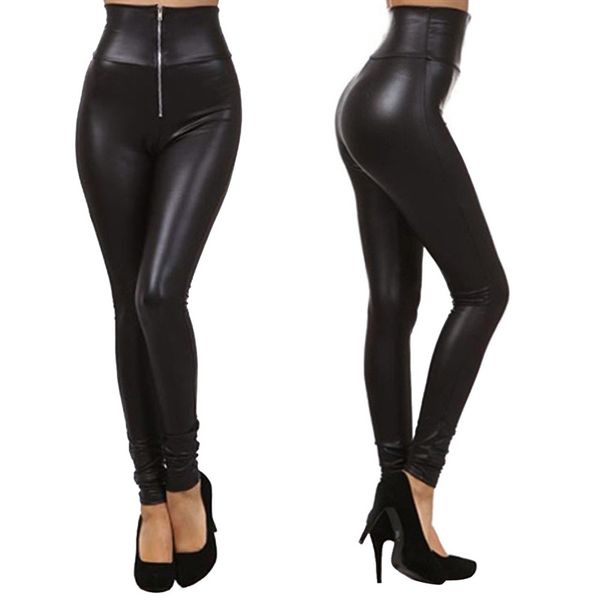 

wholesale- fashion women high waist black stretchy faux leather pants leggings dm#6