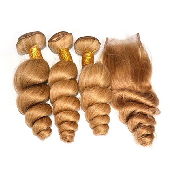 

wholesale brazilian light brown human hair wefts with closure loose wave #27 honey blonde virgin hair 3bundles with 4x4 lace closure, Black;brown