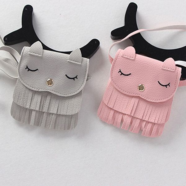

wholesale- cute children girls tassel small cat shoulder messenger bag mini coin purses pu leather handbags wallet 88 wml99