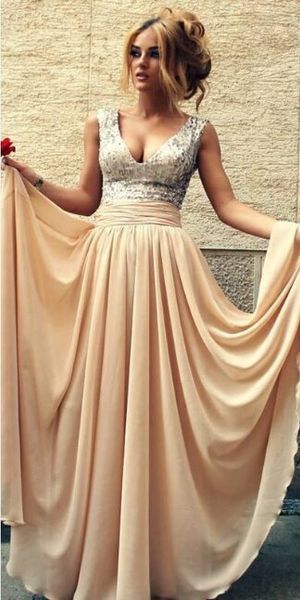 

2019 Newest Long Sequins Sleeveless Prom Dresses Champagne A Line Deep Veck Zipper Back Chiffon Floor Length Evening Gowns Robe de soiree