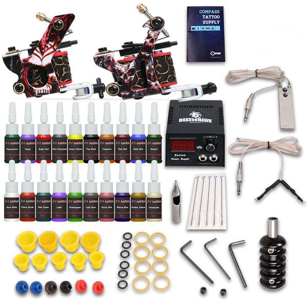 

complete tattoo kit needles 2 machine gun power supply 20 color ink pigment tip d175vd