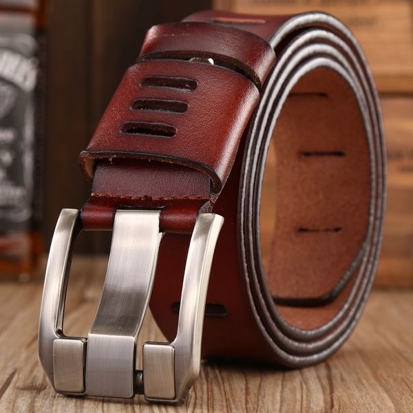 Wholesale- 2017 hot sale  genuine leather belt for men casual hollow designer belts mens high quality strap jeans coffee