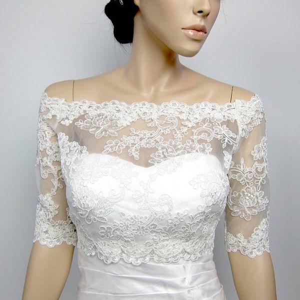 Scialli da sposa in pizzo di alta qualità Mezze maniche Bolero da sposa Collo a barchetta Abiti da sposa su misura Coprispalle Bottoni Stola posteriore