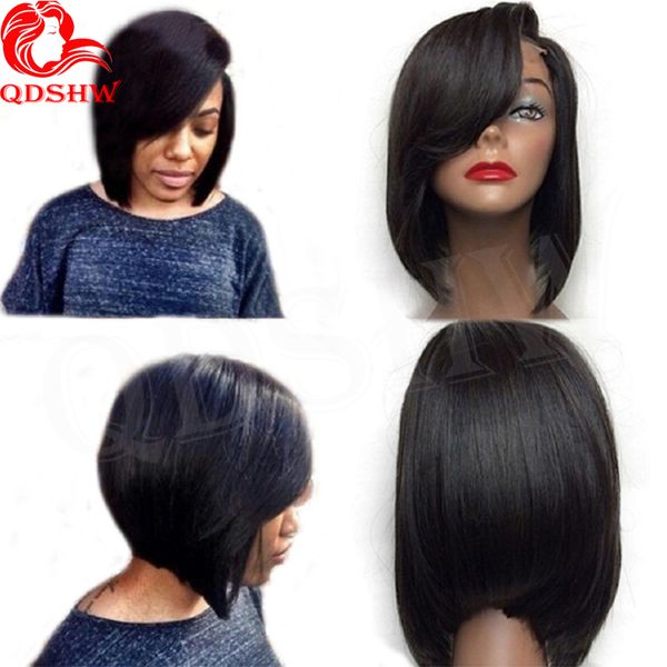 Short Human Hair Wigs With Side Bangs Straight Virgin Peruvian