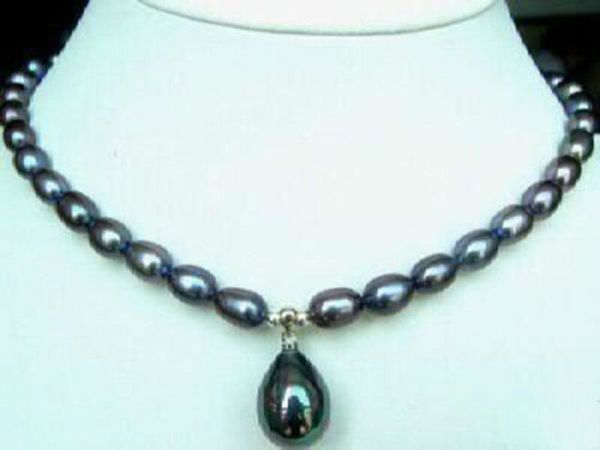 

7-8mm rice black pearl/shell pearl pendant(12x16mm) necklace, Silver