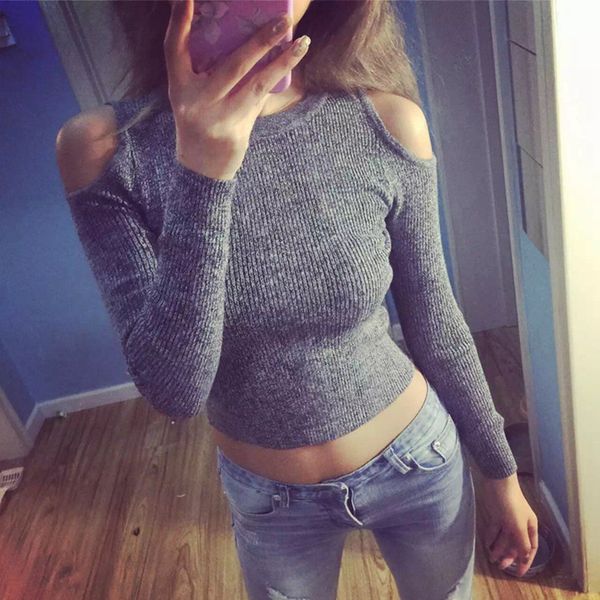 Atacado-2016 Outono Off Ombro de malha SGEATE SHEATE Crop Top Fitness Pullover Solid sexy sexy casual short short sweers elastic 1681