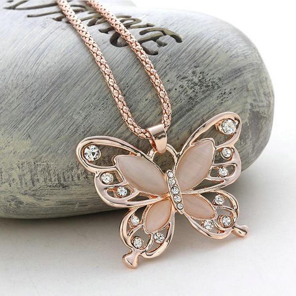 Groothandel-Rose Goud Acryl Kristal 4CM Grote Vlinder Hanger Ketting 70CM Lange Ketting Trui Sieraden Voor Vrouwen