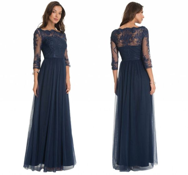 

2017 elegant navy blue tulle a line mother's dresses lace scoop neck sheer three quarter sleeves floor length formal wedding evening dr, Black;red