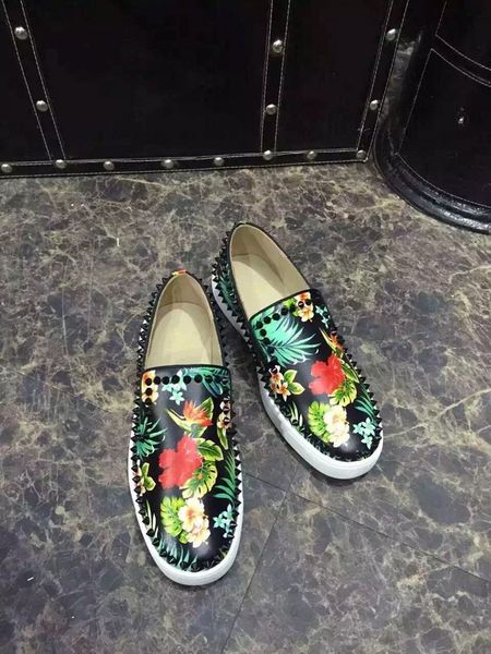 

with box brand low top slip on men Genuine Leather fashion casual flat shoes with spike rivet print flower leaf colorful luxury shoes