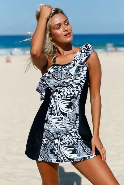 

women's ruffle one shoulder swimsuit jungle swim dress with shorts size:  l xl xxl dlm410210, White;black