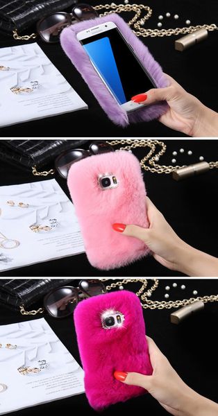 S7edge Bunny Fur Cabelo Telefone Funda Diamante Buraco Cobertura de Cabelo para Samsung Galaxy S7 S7edge Caso Suave Telefone Fundas Capa