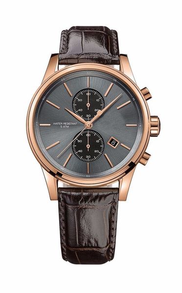 

1513281 Mens Chronograph Rose Gold Brown Leather Strap Watch