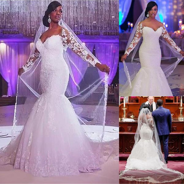 

stunning tulle off-the-shoulder neckline mermaid wedding dresses with beaded lace appliques plus size bridal dresses long sleeves, White