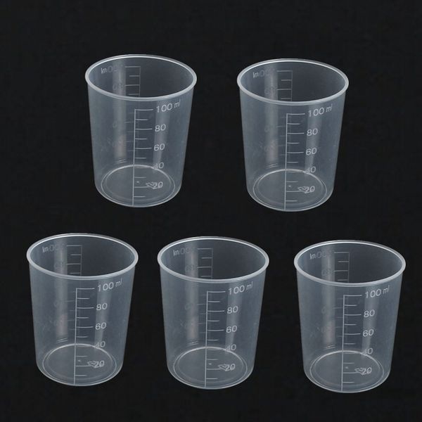 

wholesale- kicute 5pcs 100ml plastic transparent laboratory test measuring jug graduated beaker container liquid measuring cups lab supply