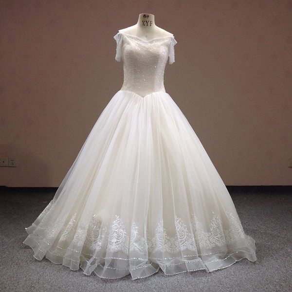 

v-neck short sleeve lace print beaded a-line wedding dress graceful court train appliques bridal gown lace up wedding gowns wedding party, White
