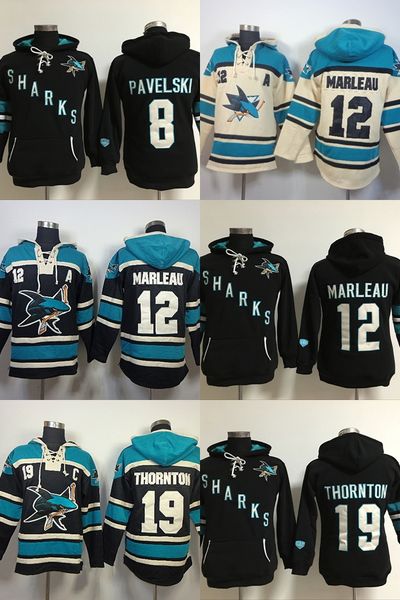 

factory outlet mens san jose sharks 8 joe pavelski 19 joe thornton 12 patrick marleau full embroidery ice hockey hoodies, Black;red
