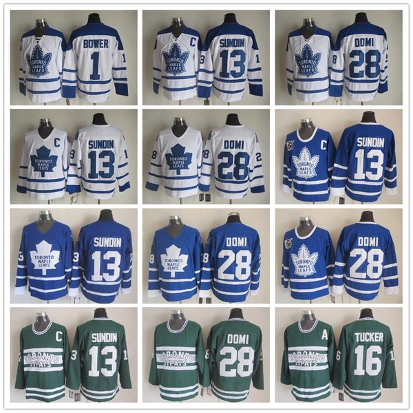 

Toronto Maple Leafs Hockey 1 Johnny Bower 13 Mats Sundin 28 Tie Domi 16 Darcy Tucker Vintage Classic Blue White Green Jerseys