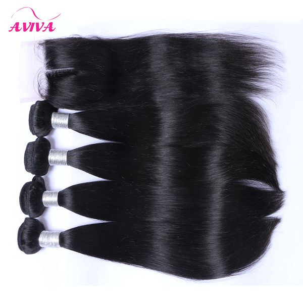 

malaysian peruvian indian brazilian cambodian straight human hair bundles hair with 4*4 lace closure 100% unprocessed virgin hair weaves, Black