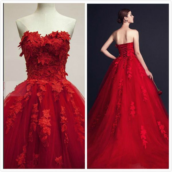 

romantic tulle red wedding dresses 2019 new 3d applique sweep train a-line sweetheart bridal gowns vestidos de noiva lace up w1041, White