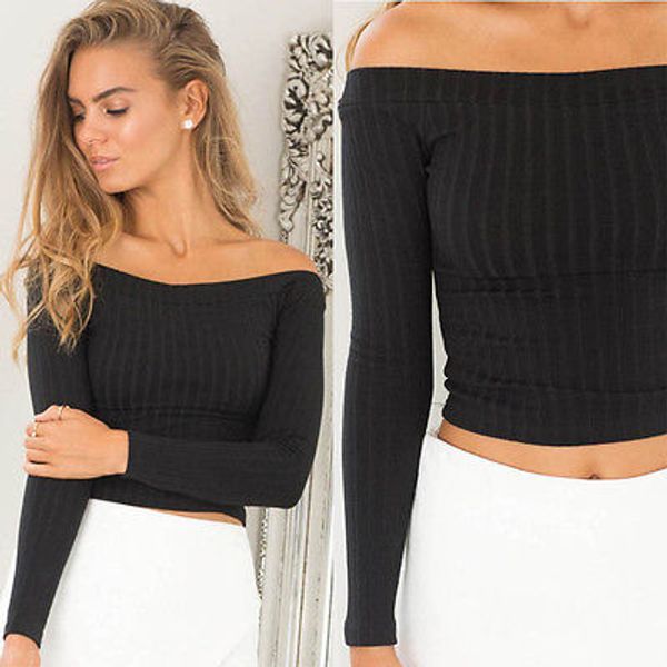 Wholesale-Sexy Womens Off Shoulder Tops Long Sleeve Sweater Crop Tops T-shirt