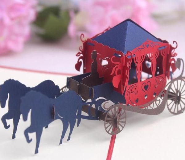 

wholesale- the horse with carriage decoupage creative 3d up greeting gift cards mother's day party invitations with envelope 5 set