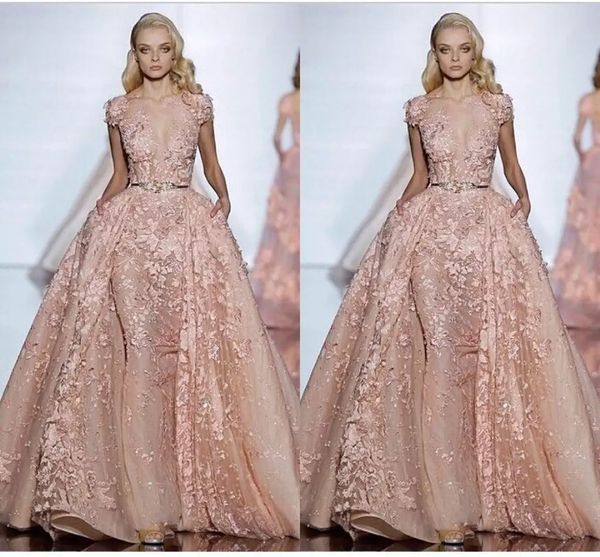 

elegant elie saab evening dresses short sleeve lace prom dresses a line sheer back dubai modern long evening gowns with detachable train, Black;red