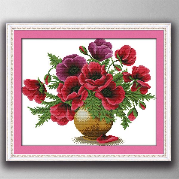 Colorido papoula vaso de flor home decor pinturas, Handmade Cross Stitch Bordado Needlework conjuntos contados impressão sobre tela DMC 14CT / 11CT