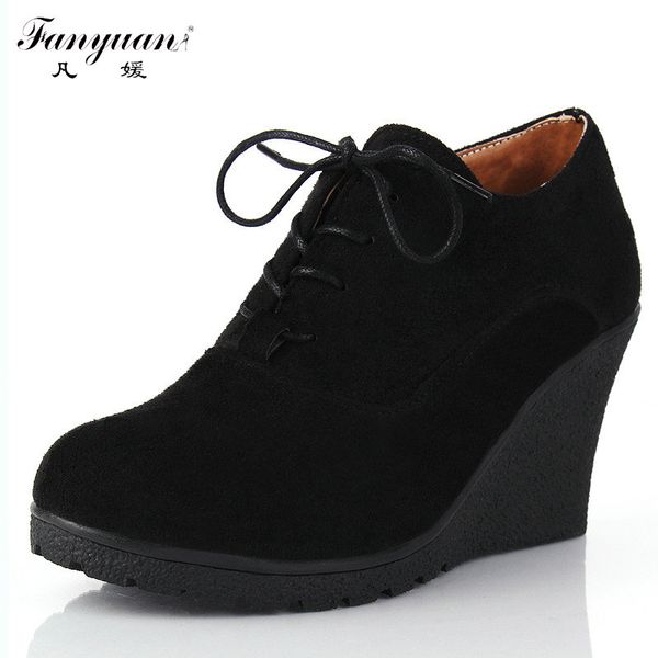 

wholesale-2015 new wedges women boots fashion flock high-heeled platform ankle boots lace up high heels spring autumn shoes for women, Black