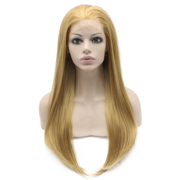 

24" long straight ash blonde lace front wig heat friendly fiber hair wig s02, Black