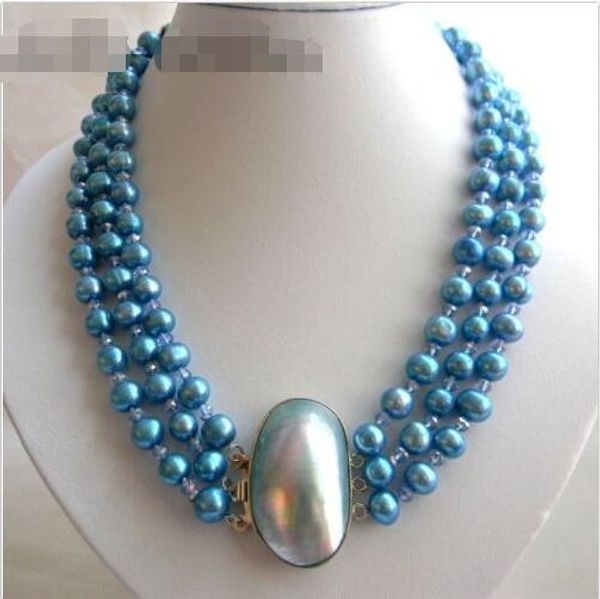 

3strands 18'' 9mm blue round freshwater pearl faceted crystal necklace, Silver