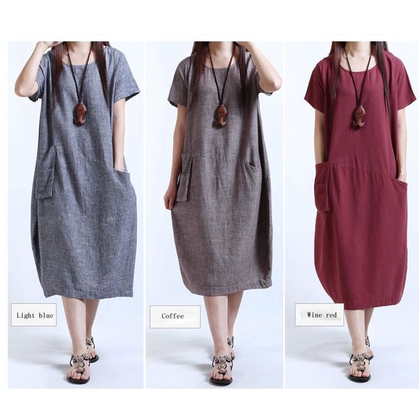 

wholesale women dresses casual women cotton linen short sleeve long loose maxi dress sundress clothes, Black;gray