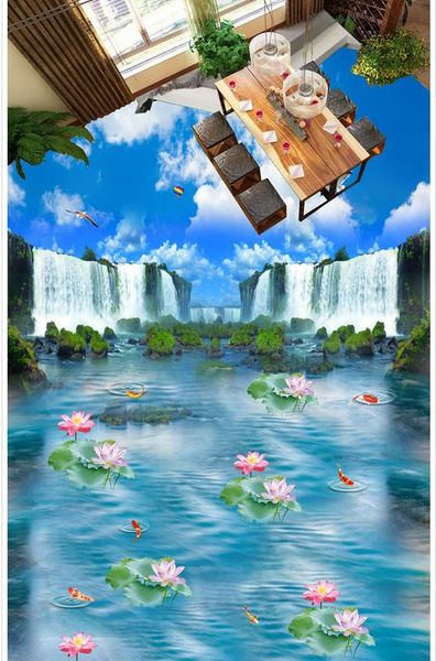 

blue sky waterfall lotus carp carpets kitchen walkway 3d floor floor stickers