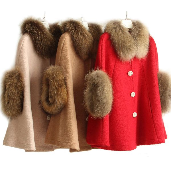 Neue frauen herbst winter warme natürliche waschbären pelzkragen pelz manschette fledermausärmel lose poncho wolle wollumhang mantel mantel mantel casacos