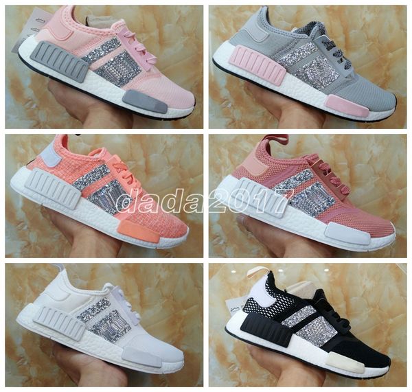 

2019 New Pink Runner R1 Primeknit Crystal Customize Black White Grey Pink Women Men Best Running Shoes Originals Trainers Sport Shoes