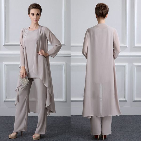 

3 pieces plus size elegant gray chiffon mother of the bride pant suit with long jactet for fall, Black;red