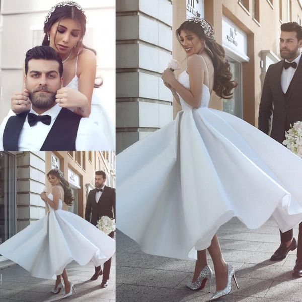 

said mhamad new 2020 tea length wedding dresses a line spaghetti straps backless short bridal informal summer wedding reception gowns, White