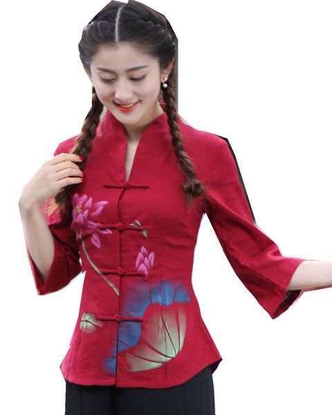 

Shanghai Story Chinese Traditional Flower Printed Cheongsam Tops Bracelet Sleeve Shirt for Women 3 Color