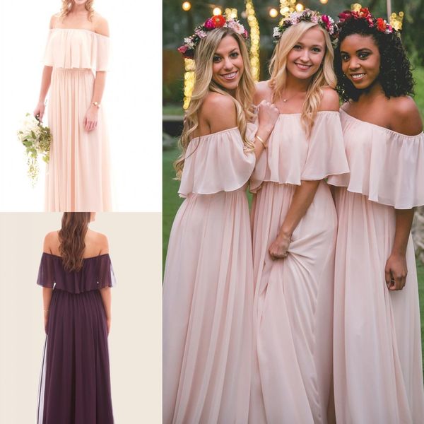 

2017 long chiffon bohemian country bridesmaid dresses summer beach floor length off the shoulder blush pink grape maid of honor gowns, White;pink