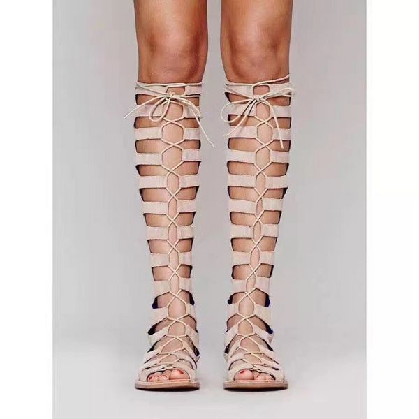 

2017 fashion summer ladies sandals women shoes flat boots dress shoes hollow knee shoes 36-40, Black