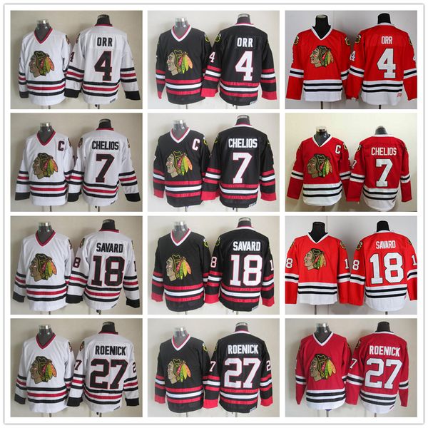 

Chicago Blackhawks Hockey Jerseys 27 Jeremy Roenick 18 Denis Savard 7 Chris Chelios 4 Orr Red White Black Vintage Jersey M-XXXL