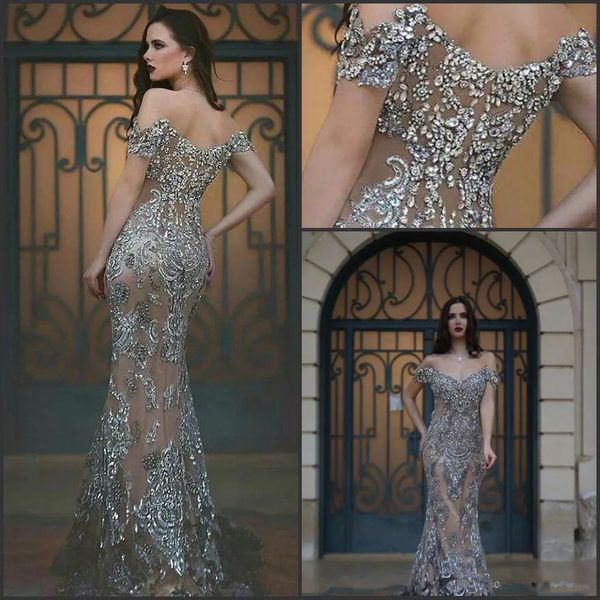 

luxury crystal evening dresses off shoulder backless runway fashion gown sheath sweep train zuhair murad sequined prom dress, Black;red