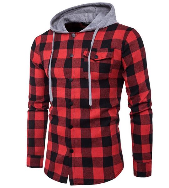

2019 hooded plaid shirt men pattern patch pocket design long sleeve single breasted slim fit for man casual shirt fashion 2017, White;black