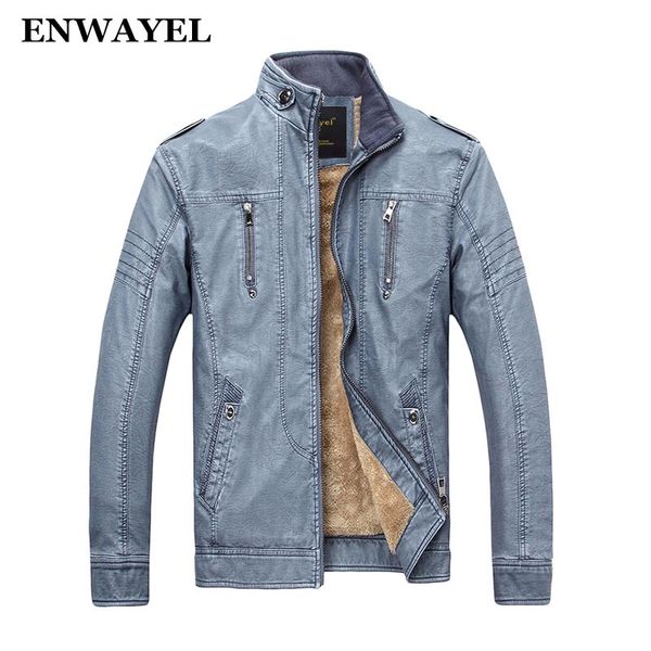 

wholesale- enwayel autumn winter pu male faux leather jacket men casual pockets thick warm velvet mens jackets coat patchwork motorcycle, Black