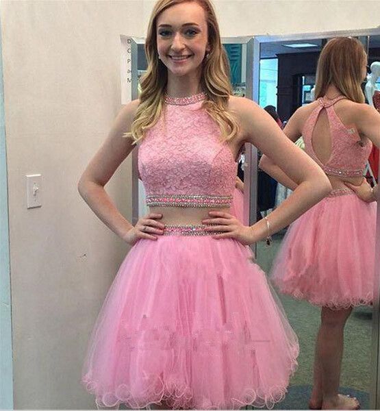 

pink short tulle homecoming dress 2017 sweet sixteen graduation dresses ruched high neck lace prom party dress two piece homecoming, Blue;pink