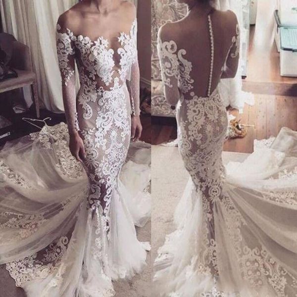 

illusion mermaid wedding dresses sheer neck full appliques bridal gowns long sleeves sweep train custom made wedding dress, White