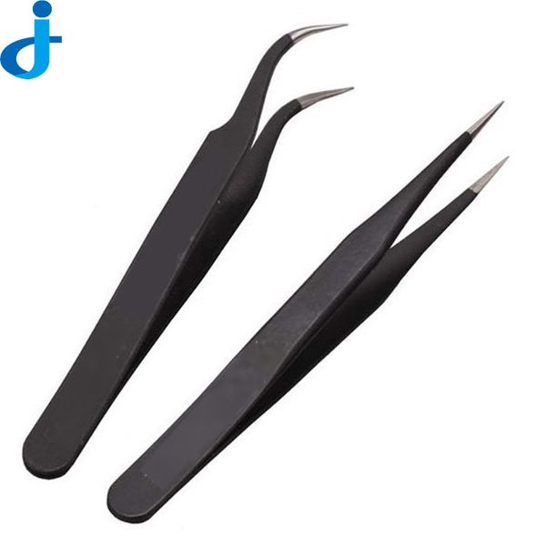 

wholesale- 2pc/set stainless steel nail art tweezer tool nail art gem decor picking tools eyelash straight curved straight tweezers 2jx4, Silver