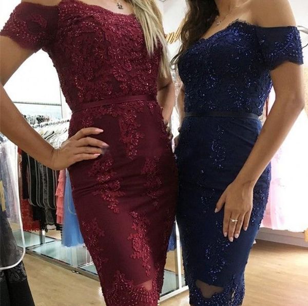 

Off Shoulder Lace Short Prom Dresses Sheath Mini Length Cocktail Dresses Dark Red Lace Party Dress Custom Made Evening Gowns